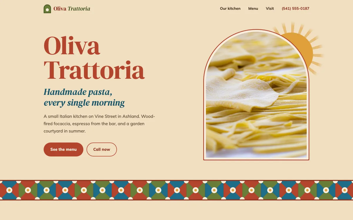 Example website for an Italian trattoria: warm Mediterranean colors, an arched food photo and patterned tiles